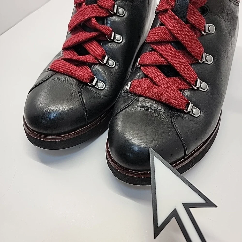 BIONICA Natick Ankle Boots Women 10M Hiking LaceUp Black Brown Leather Red Laces